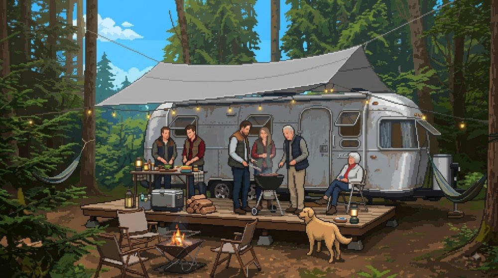 ヴィンテージAirstreamでのキャンプ風景イラスト
